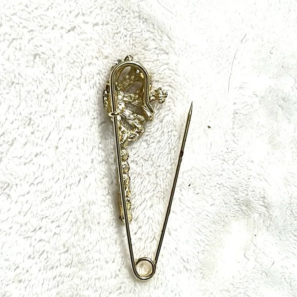 Gold Tone Princess Crown Safety Pin Brooch- Multi-colored Rhinestones